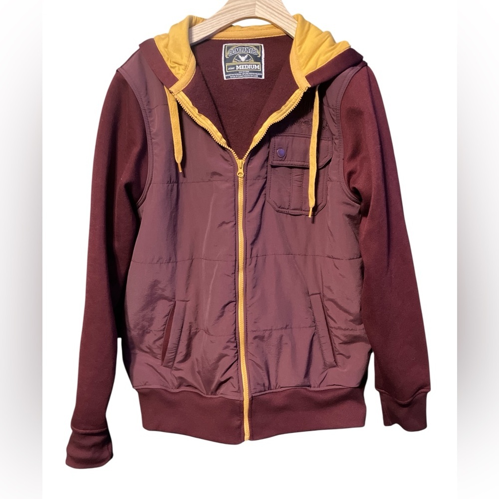 Hooded Varsity Style Jacket Softshell Front Fleece Sleeves Garnet Gold M EUC